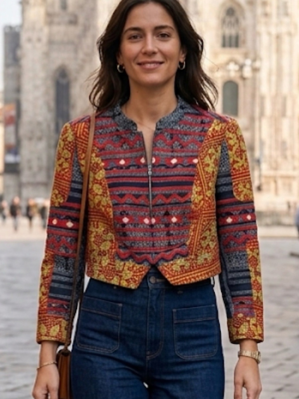 🎀Free People size 2 GUC Cropped short Jacket Geometric Embroidered red &blue
